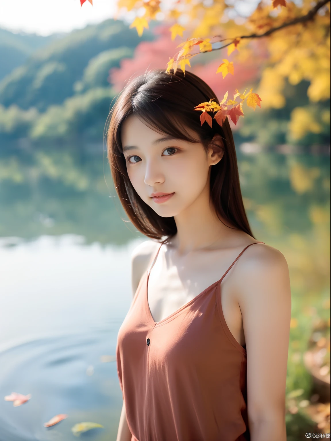 Beautuful Women、18year old 、body shot、Colored leaves、lake