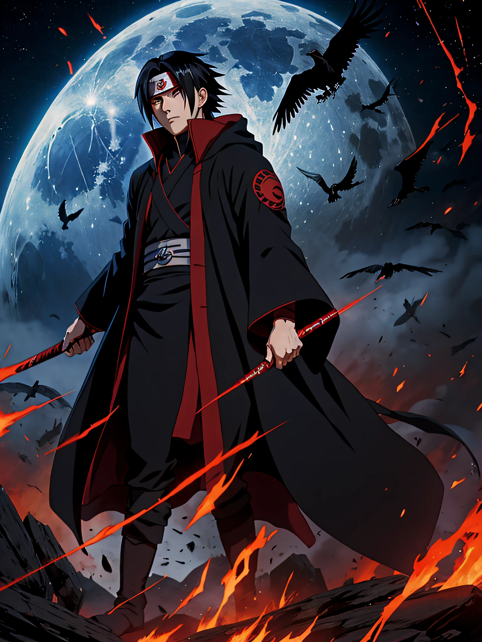 character ninja, person using bandana uchiha clan wearing a black and red jacket, full body black and red longcoat, red and black cape and hoodie, akatsuki akira, black and red jacket,drawing of red clouds front, stylish coat, eyes red bright circular object with black circles, itatchi uchiha, itachi, akatsuki akira, pain from naruto, itachi uchiha, red demon cyberpunk symbols, inspired by Shūbun Tenshō, inspired by Sōtarō Yasui, inspired by Chen Jiru, shurikens, ryuu, anime character with a crow on his shoulder and a full moon red in the background, itachi uchiha, itatchi uchiha, itachi, akatsuki akira, badass anime 8 k, sasuke uchiha, 4 k manga wallpaper, ryuu, anime style 4 k, inspired by Chen Jiru, epic anime style, anime wallaper, anime characters in black robes with red eyes and a red cloak, itachi uchiha, itatchi uchiha, itachi, sasuke uchiha, madara uchiha, akatsuki akira, inspired by Chen Jiru, anime wallaper, from naruto, ryuu, mobile wallpaper, wallpaper mobile, full body black and red longcoat, sakimi, detailed costume, intense action scene, extraordinary abilities, Epic showdown, realistic CGI, high definition resolution, composition dramatic, intense facial expression, superhuman strength, flying skills, lightning-fast speed, invincibility, heroic determination, explosive power, ninja mask, nimble movements, intense battle intensity, immersive storytelling, larger than life presence, thrilling adventure, victorious triumph