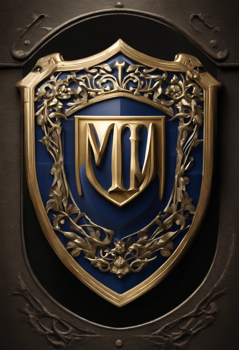 ゴシック様式の文字♾️を持ち、Do you form a medieval shield?、Do you form a navy blue medieval shield?、Illustrated 3D logo with Gothic letter M with cross embedded in medieval shield, Silver and Gold
