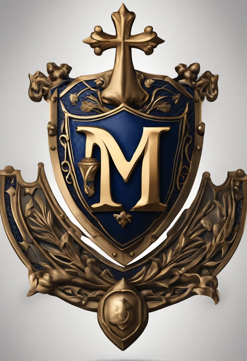 ゴシック様式の文字♾️を持ち、Do you form a medieval shield?、Do you form a navy blue medieval shield?、Illustrated 3D logo with Gothic letter M with cross embedded in medieval shield, Silver and Gold