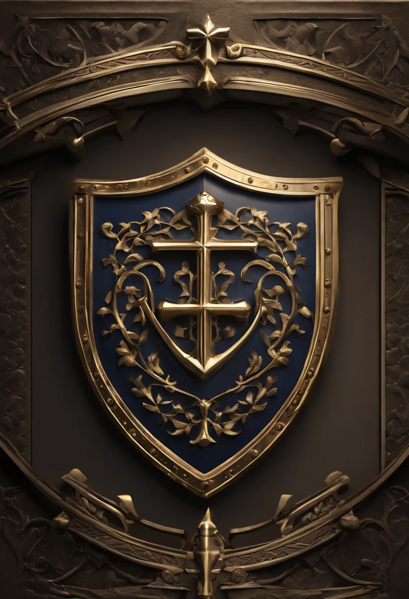 ゴシック様式の文字♾️を持ち、Do you form a medieval shield?、Do you form a navy blue medieval shield?、Illustrated 3D logo with Gothic letter M with cross embedded in medieval shield, Silver and Gold