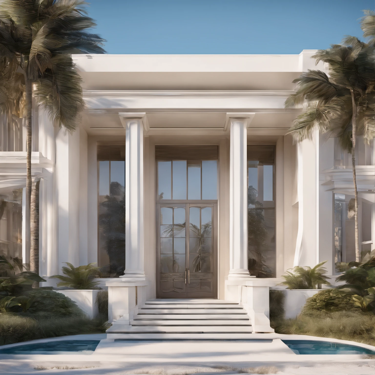 Huge modern beach side mansion front entrance