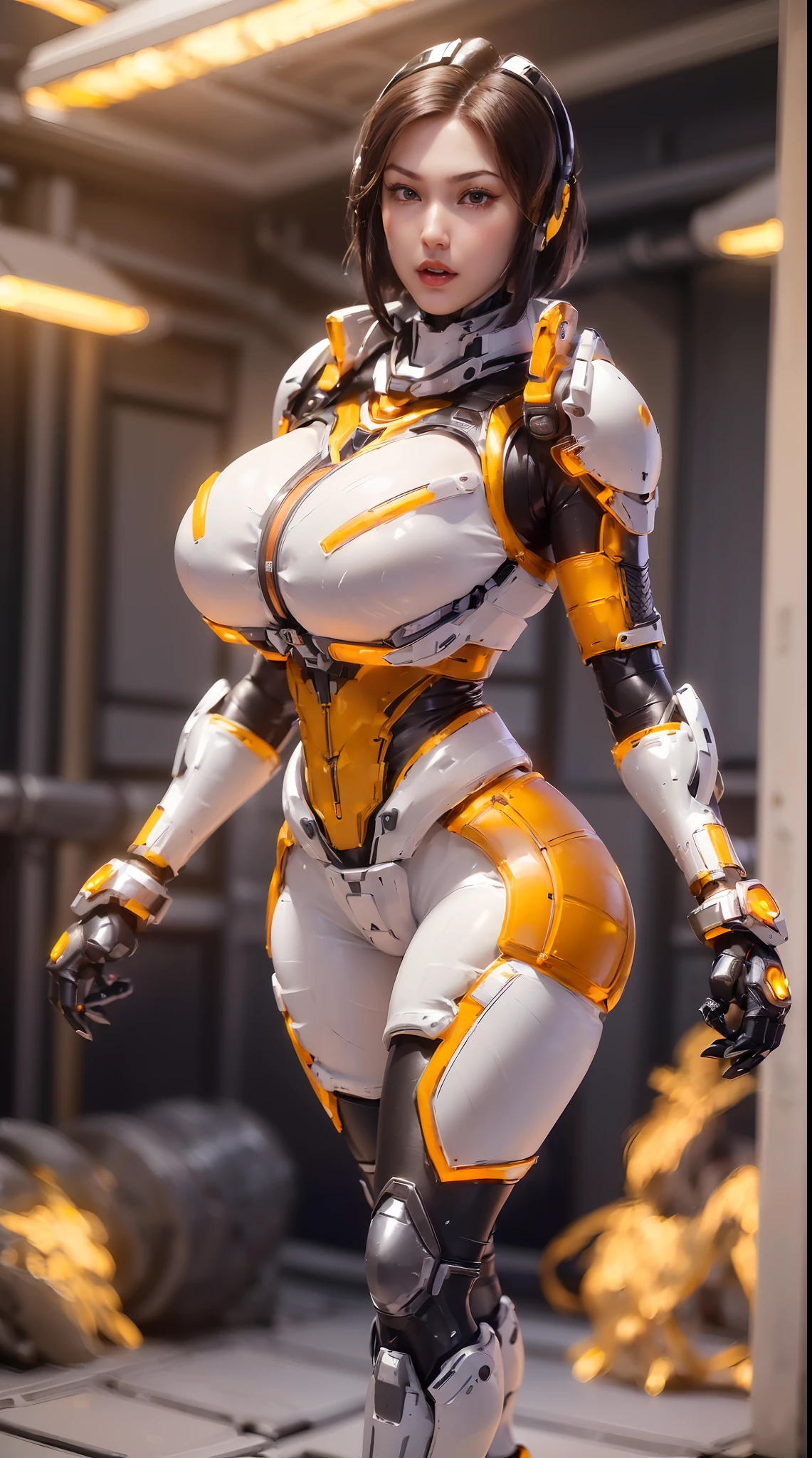 (1GIRL,SOLO:2), (super detailed face), (phoenix helm:1.3), ((BIG BUTTOCKS, HUGE BREASTS:1.5)), (CLEAVAGE TOP:1.5), (MUSCLE ABS FEMALE:1.4), (MECHA GUARD ARMS,GLOVE:1.4), ((WEAR RED OVERWATCH MECHANICAL ARMOR CROPTOP, BLACK MECHANICAL SKINTIGHT SUIT PANTS, MECHA GUARD ARMOR LEGS, HIGH HEELS:1.5)), (MUSCULAR BODY:1.3), (GLOSSY SKIN:0.8), (LONG LEGS, FULL BODY:1.1), (LOOKING AT VIEWER:1.3), (female focus:0.886), (WALKING DOWN HALLWAY OF FUTURISTIC SPACE STATION:1), (BRIGHT LIGHT WHITE_ROOM:1.3), SUPER TEXTURE, UNREAL ENGINE RENDER, PHYSICALLY-BASED RENDERING, ULTRA HIGHT DEFINITION, 16K, 1080P.