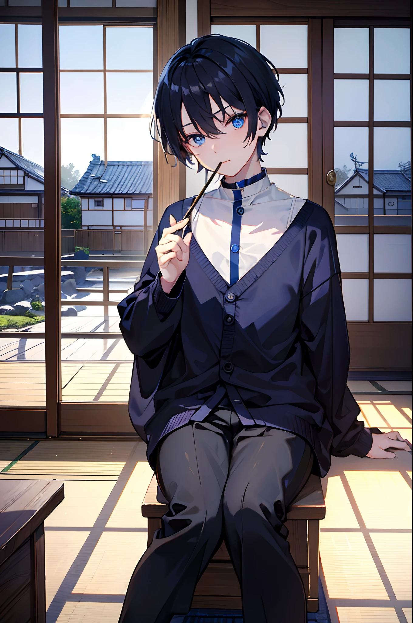 male people Dark blue short hair blue eyess Sweaters Brown Slacks long boots Japanese houses Sitting in the room、Eat oden Halloween masterpiece Top image quality Clear Parts Cinematic Shadows Increased attractiveness of the eyes Clear the shine of the eyes Draw eyelashes neatly Perfect Eye A detailed eye Sharpen image quality Sharpen eye writing Clear eye shape
