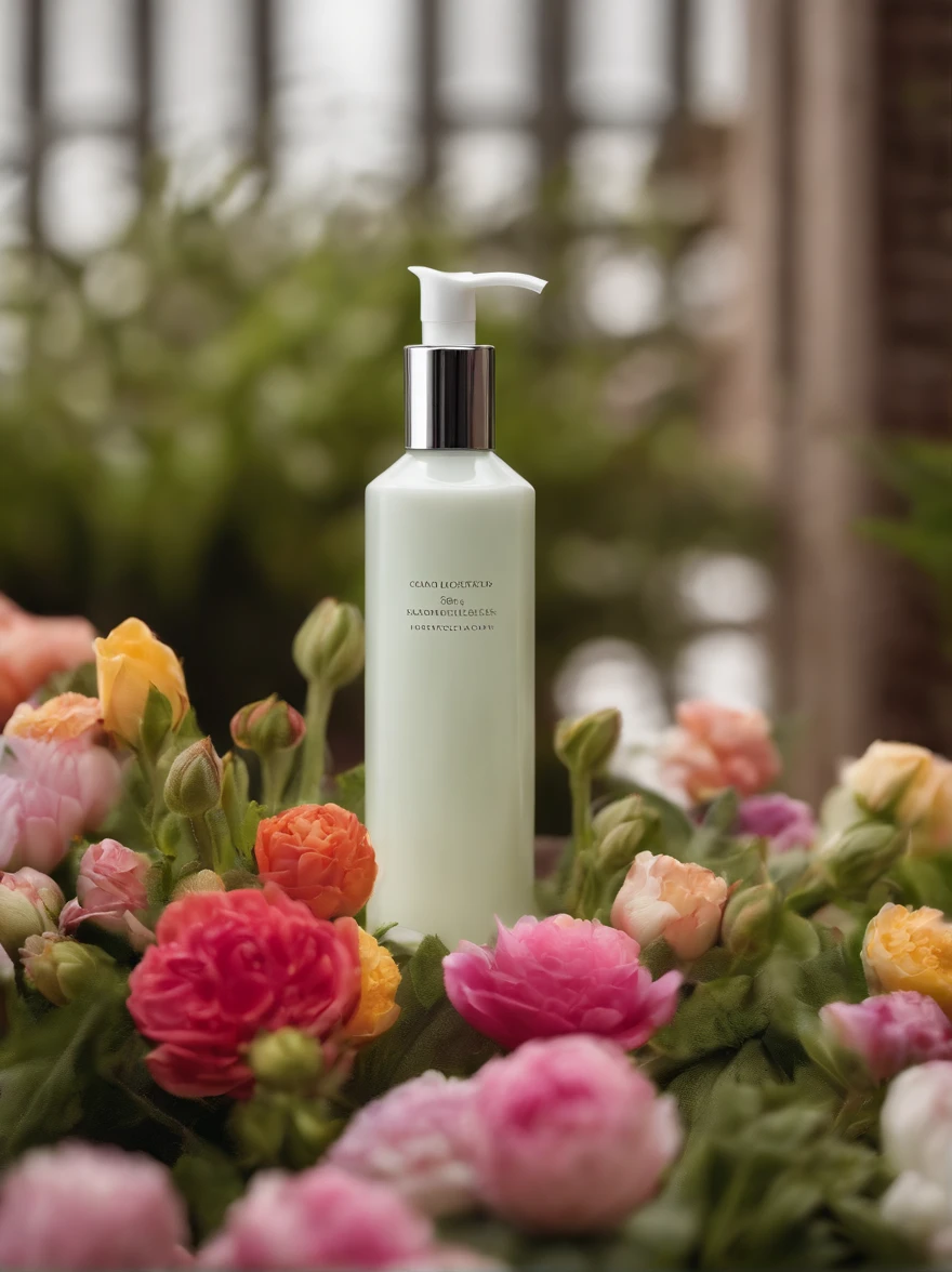 A bottle of body lotion surrounded by some flowers,Morandi color matching,Complex plant communities,OC rendering,Match the environment,exquisite curve,Expression mysterious,noble,𝓡𝓸𝓶𝓪𝓷𝓽𝓲𝓬