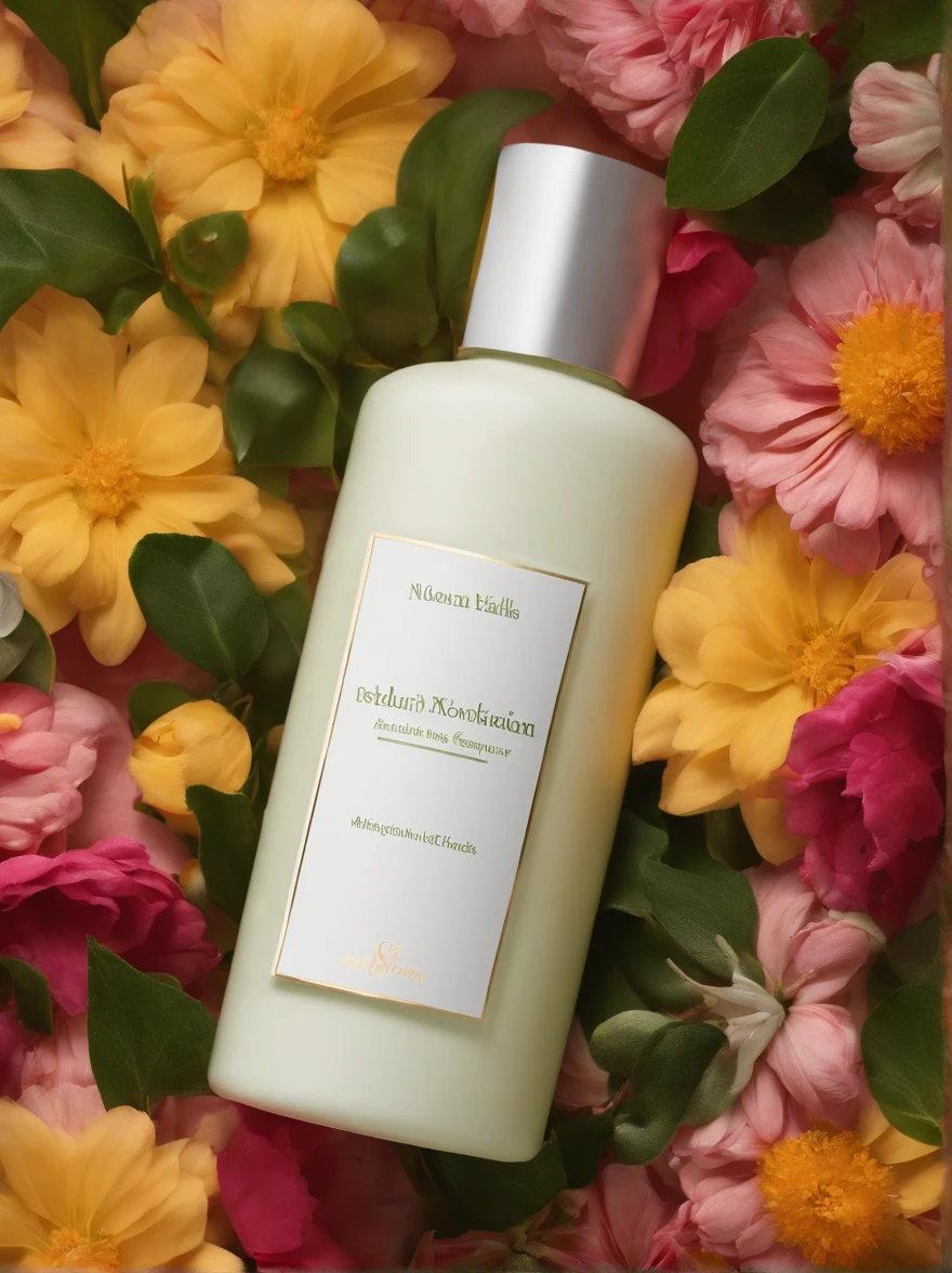 A bottle of body lotion surrounded by some flowers，Morandi color matching，Complex plant communities，OC rendering，Match the environment，exquisite curve，Expression mysterious，noble，𝓡𝓸𝓶𝓪𝓷𝓽𝓲𝓬