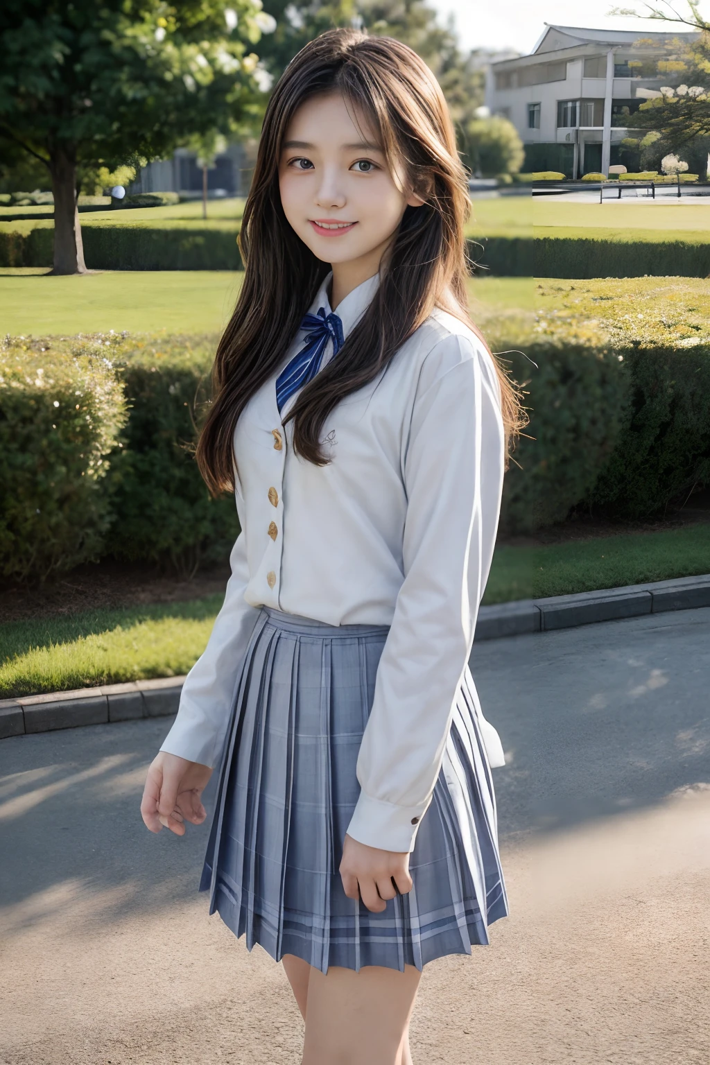 masterpiece、8K、32K、top-quality、(A cute Japanese woman:1.1)、detail portrayal、1 girl in、elegent、a junior high school student、(School uniform:1.3)、School Grounds、cowboy shot、ssmile