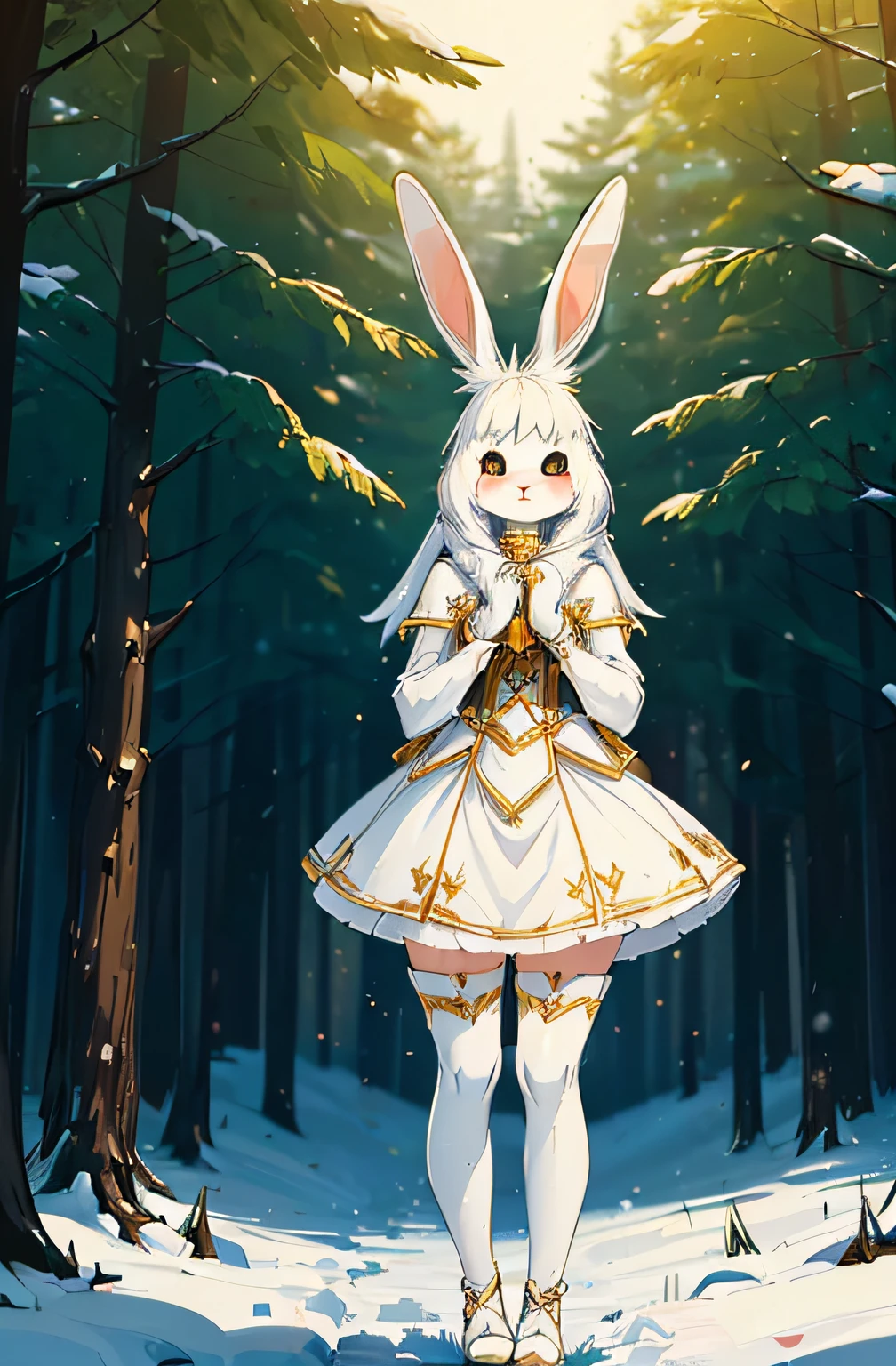 (((One humanoid bunny, furry))), ((white bunny)), ((black details on body)), praying, (in a snowy forest), standing, ((fantasy cleric outfit, gold details, long skirt)), ((pretty humanoid face)), ((bunny furry paw legs)), ((invernal outfit))