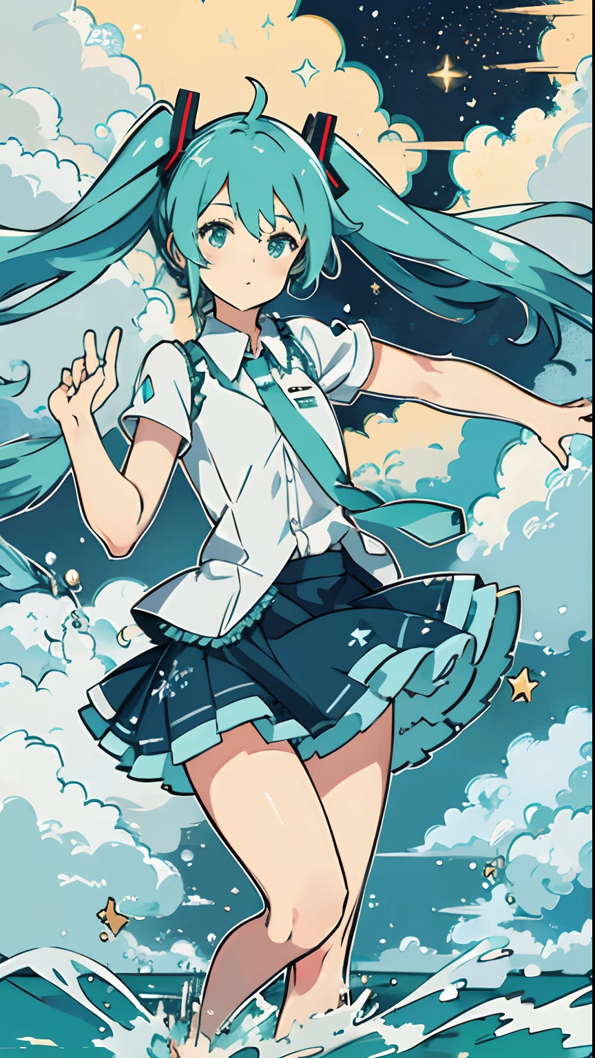 hatsune miku,sea,water under feet,stars decoration,swim skirts,clouds