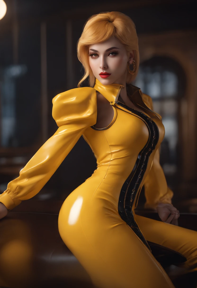 araffe in a yellow latex outfit is posing for a picture, 8k high quality detailed art, faye valentine, lovely brigitte from overwatch, seductive anime girl, trending on cgstation, photorealistic anime girl render, oppai cyberpunk, fanart best artstation, elegant yellow skin, wlop glossy skin, smooth anime cg art, [ 4 k digital art ]!!