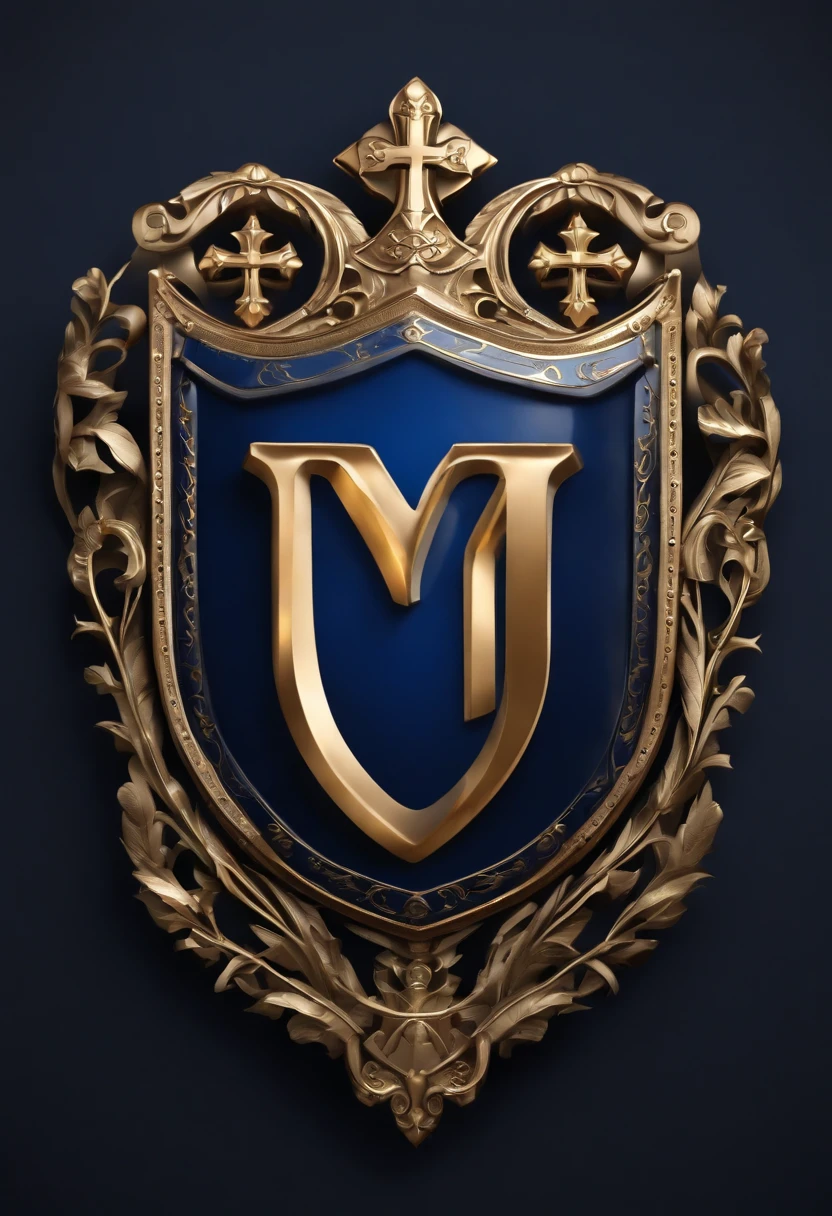 It has the letter O in the Gothic style、Do you form a medieval shield?、Do you form a navy blue medieval shield?、Illustrated 3D logo with Gothic letter M with cross embedded in medieval shield, Silver and Gold