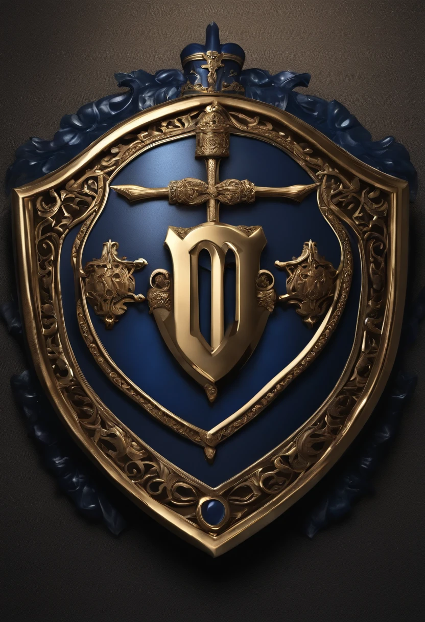 It has the letter O in the Gothic style、Do you form a medieval shield?、Do you form a navy blue medieval shield?、Illustrated 3D logo with Gothic letter M with cross embedded in medieval shield, Silver and Gold