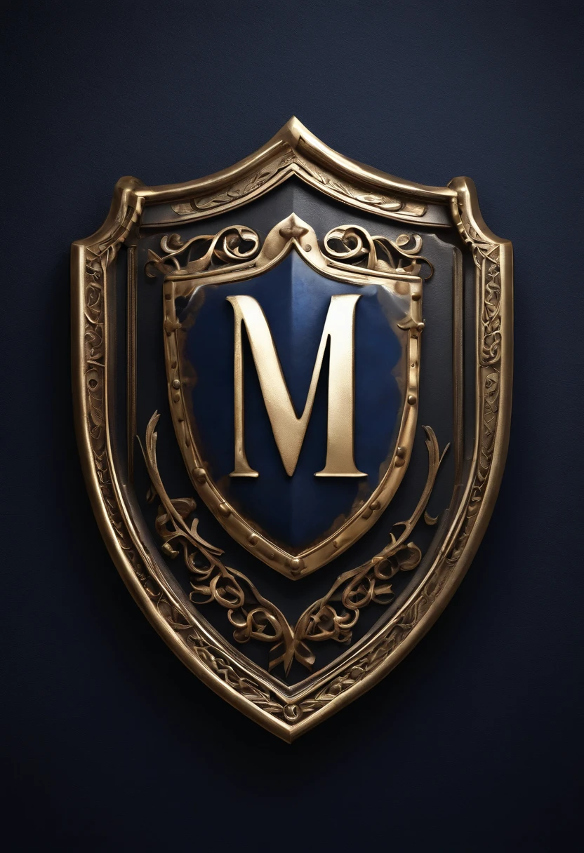 Has the letter M in the Gothic style、Do you form a medieval shield?、Do you form a navy blue medieval shield?、Illustrated 3D logo with Gothic letter M with cross embedded in medieval shield, Silver and Gold