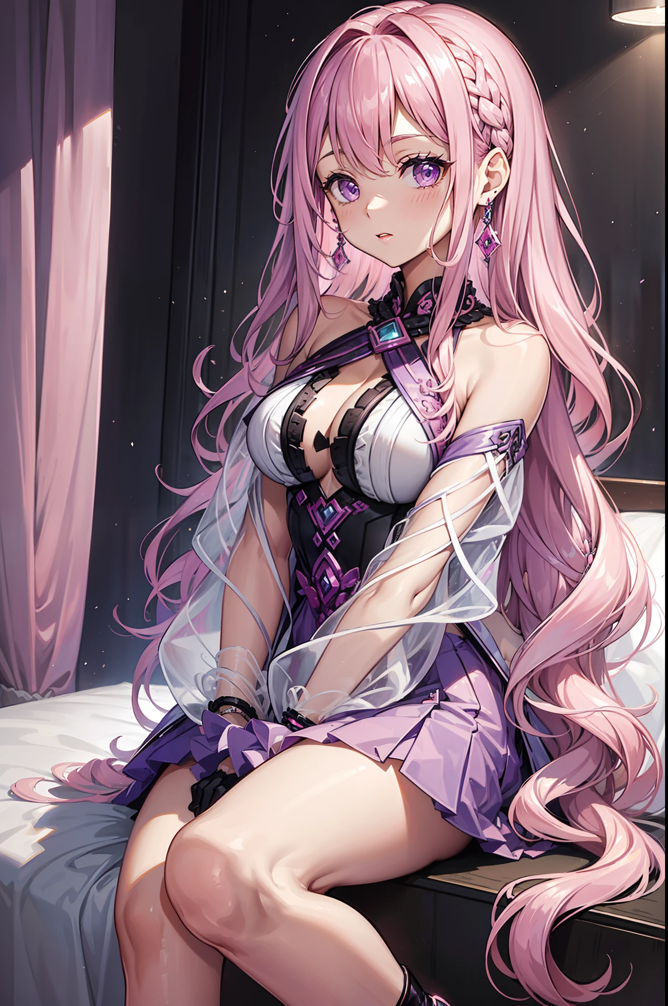 The combination of modern clothing makes it stylish and unusual,Ultra-detailed, ((Long pink wavy hair)),teens girl,Lilac eyes,She has earrings, She has full lips, Light purple-white transparent clothing,natta,She appeared in the bedroom of a luxury hotel,Slightly seductive pose