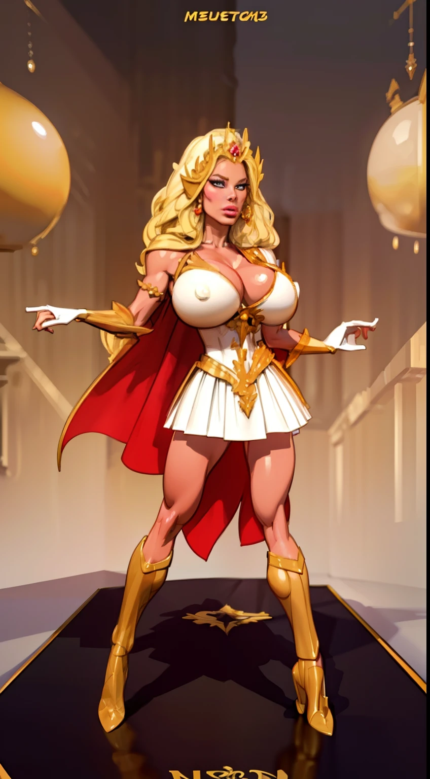 ((3d render:1.4)), ((full body view:1.2)), ((she-ra)),((1985)), (pale skin:1.2), (white skin:1.5), ((front view:1.3)), pale face, (puffy lips:1.4), (crown:1.4),(white skirt), ((gold gauntlets:1.3)), ((red cape:1.1)), (gigantic breasts:1.4), ((gigantic breasts:1.3)), design sheet, masterpiece, (slendered abs:1.2) ,detailed , shiny skin, beautiful lighting from the side, harsh light,epic pose, dynamic movie poster, masterpiece, high definition, Extreme Detailed Portrait With Bokeh Effect , Realistic Lighting