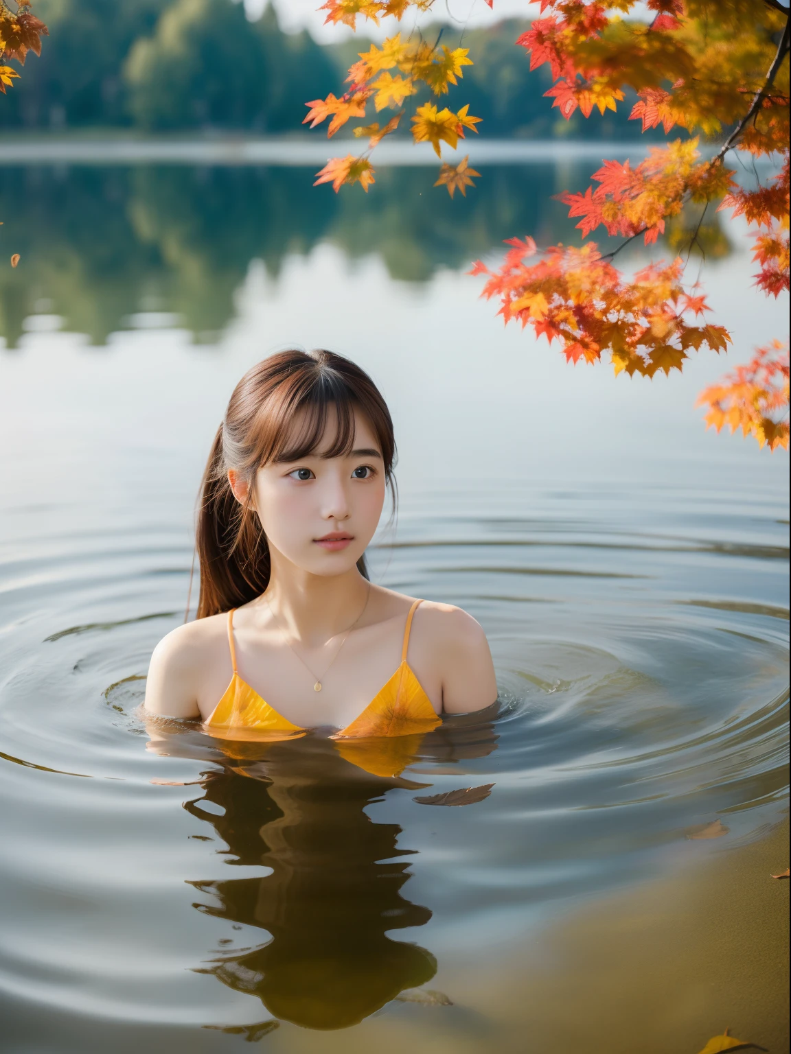 Beautuful Women、18year old 、body shot、Colored leaves、lake