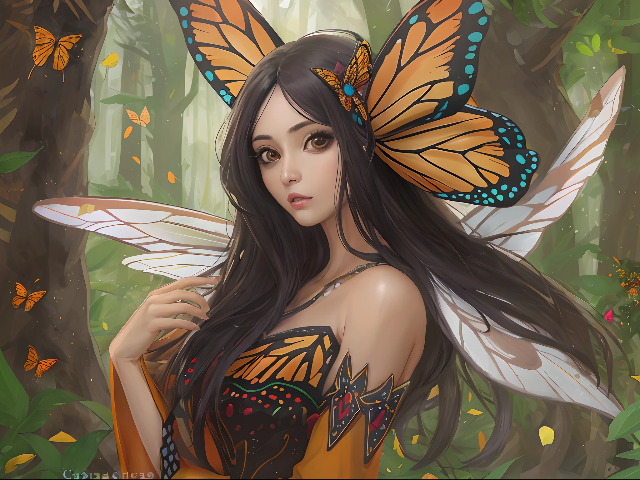 Woman, cabelos longos, cabelos pretos, olhos castanhos, Roupa laranja, Roupas com detalhes brancos, Mulher fada, Asa de fadas, Asa de borboleta monarca, fundo encantado da floresta, Magic
