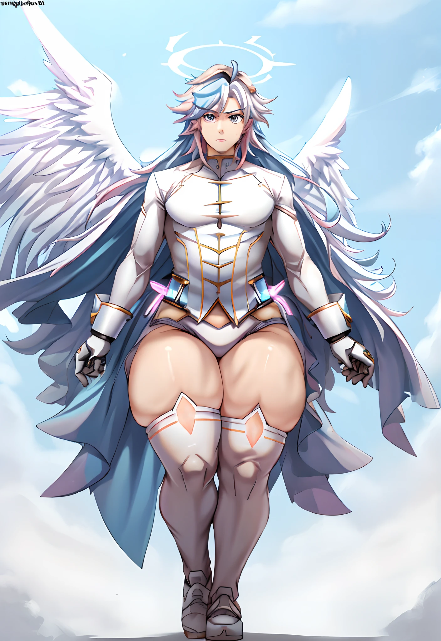 a anime styled image of a fat man with a large white cybernetic Hammer in his hand, he has a ((gigantic_hips)) ,(( hyper thighs,gigantic ass)) , (Short build), ((White hair with Blue and Pink Streaks)) androgynous, Femboy , Messy hair, SFW, High quality, expression( annoyed and Angered),((High quality, masterpiece High aesthetic)),nepOutfit, Underwear,(ssbbw)