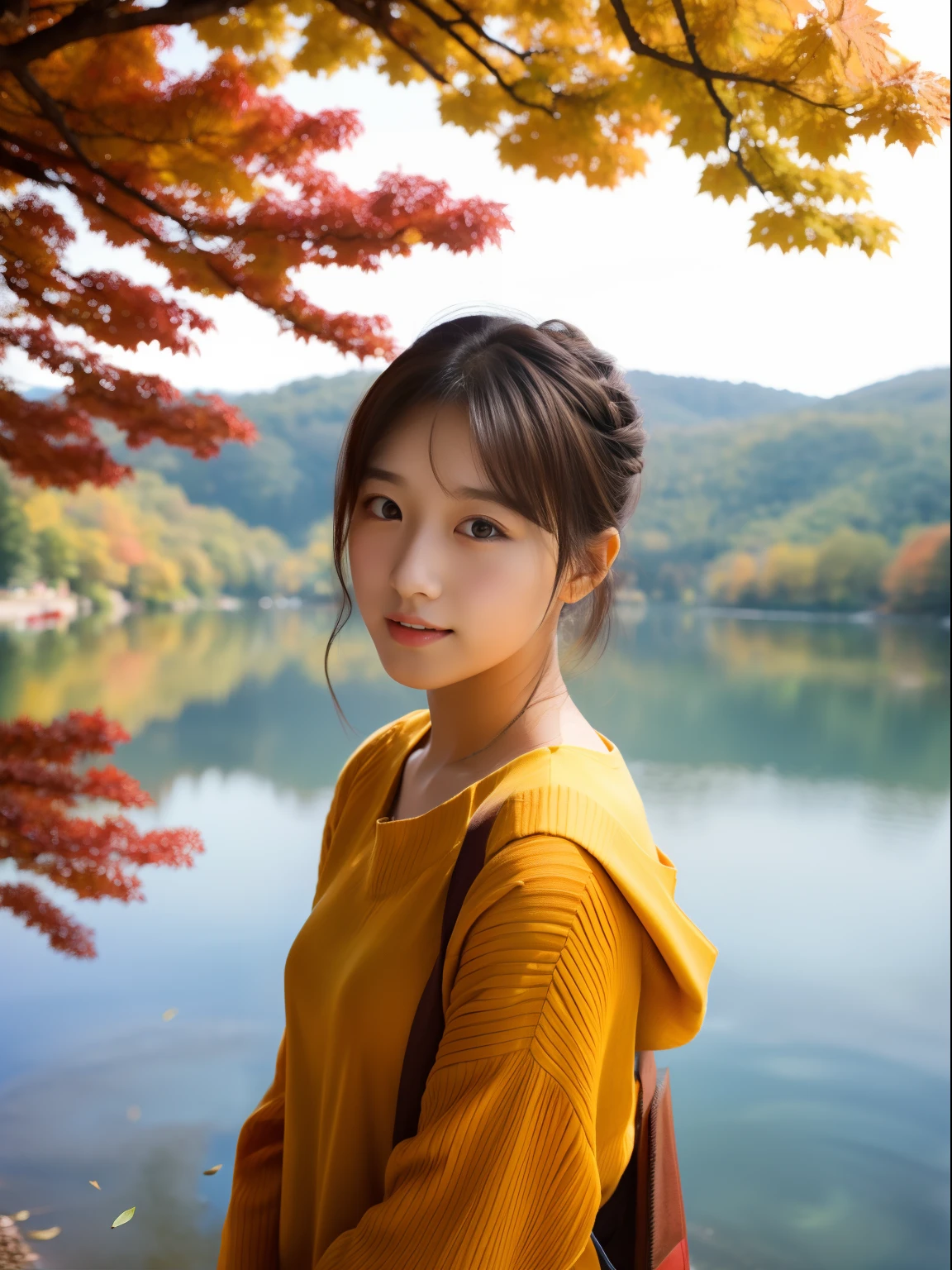 Beautuful Women、18year old 、body shot、Colored leaves、lake