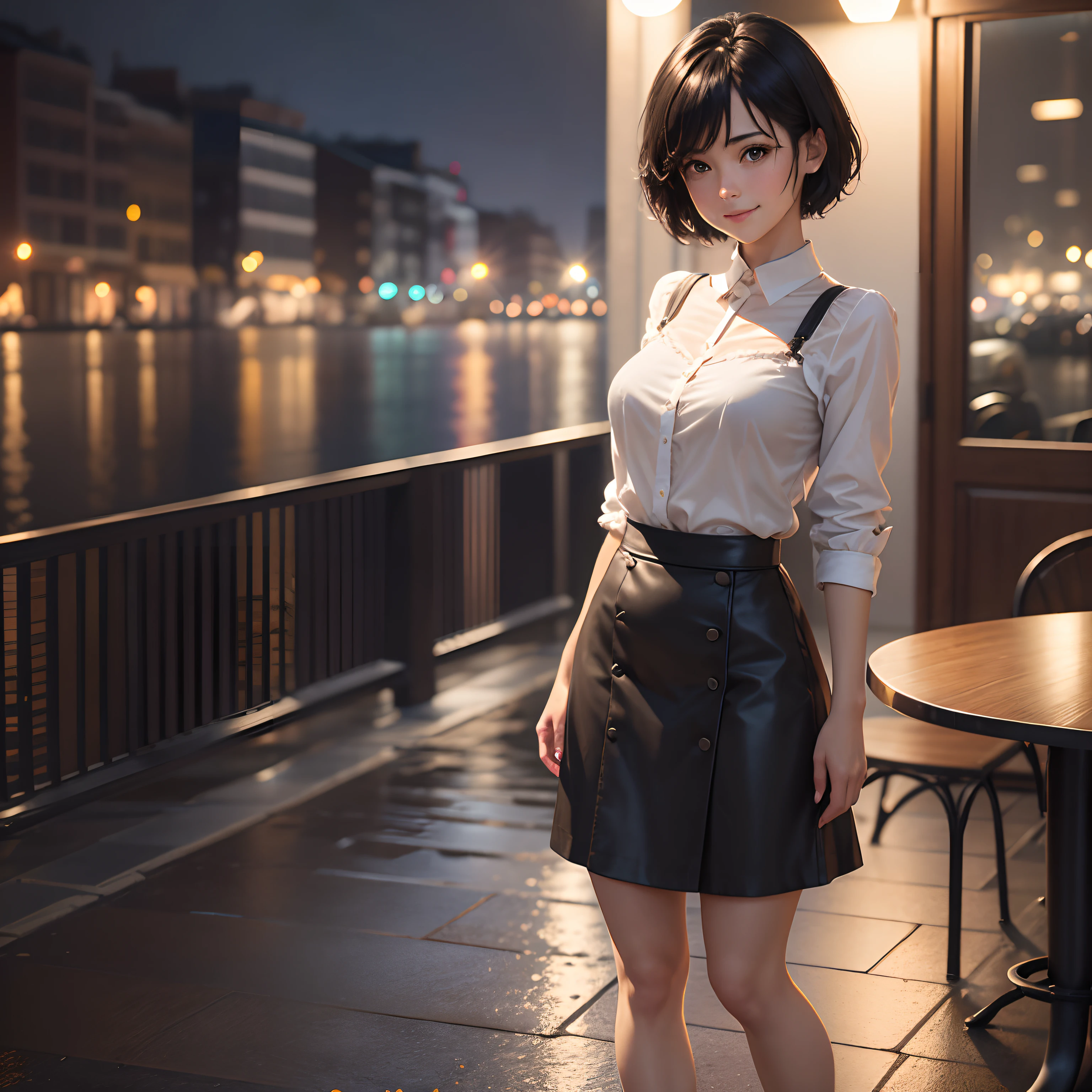 (8K, Best Quality, masutepiece:1.2), (Realistic, Photorealsitic:1.37), Ultra-detailed,((( 1 girl))),Solo,Beautiful detailed sky,Detailed Cafe,Night,Sitting,Dating,(nose blush),(Smile:1.15),(Closed mouth) Small breasts,very skinny legs,Beautiful detailed eyes,(Shirt:1.1), Night, Wet, Rain,White lace, (Short hair:1.2),Floating Hair NovaFrogStyle, ((Full body)),to stand, Sexy, Cute,Short black hair,