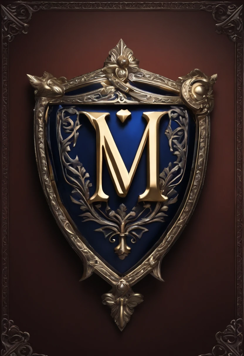 It has the letter O in the Gothic style、Do you form a medieval shield?、Do you form a navy blue medieval shield?、Illustrated 3D logo with Gothic letter M with cross embedded in medieval shield, Silver and Gold