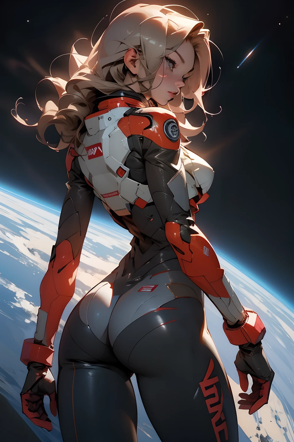 rear view, backside view, sandy hair, fit body, large breasts, slender thighs, slender waist, pilot suit, solo, looking away from the viewer, in space long hair, blushing, slight smile, 8k, extreme detail, sharp detail on face, beautiful face,