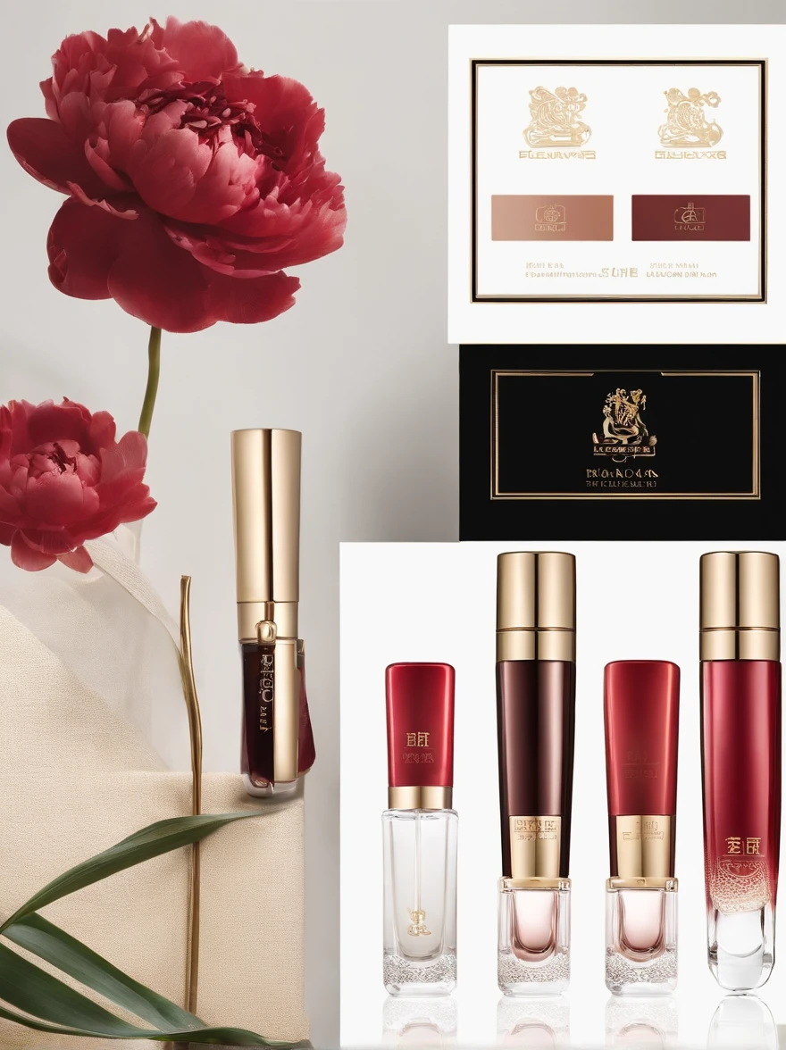 Extremely detailed description,(Morandi colors:1.1),(PET material:0.9),(Lipstick packaging:1.2),(Luxury),(Elegant design),(Shiny surface),attractive cleavage,High-end,(Brilliant pattern),(packaging design),(Traditional Chinese pattern theme),peony flower,delicated,Dark red paste,subtle texture,delicate craftsmanship