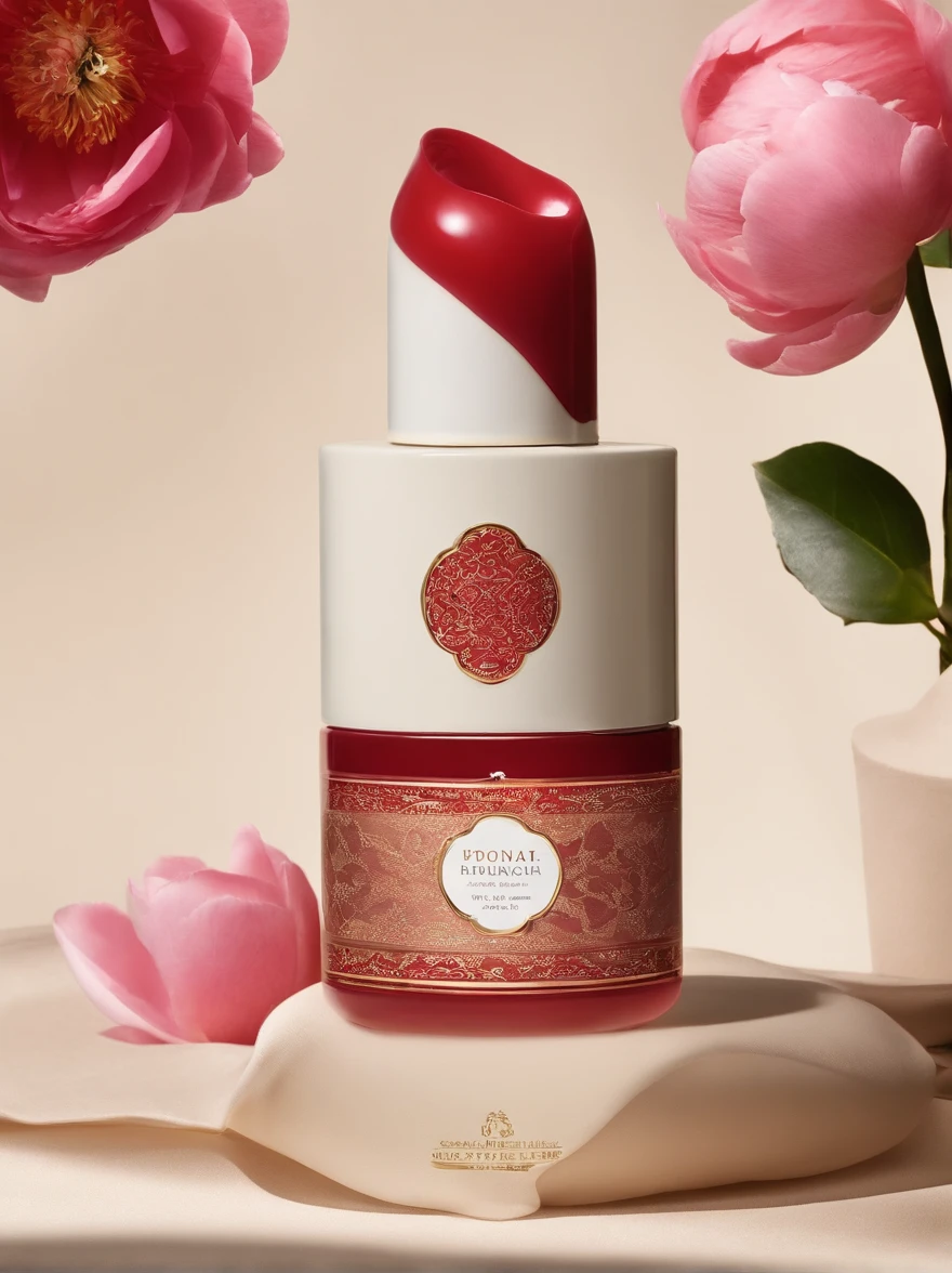 Extremely detailed description,(Morandi colors:1.1),(PET material:0.9),(Lipstick packaging:1.2),(Luxury),(Elegant design),(Shiny surface),attractive cleavage,High-end,(Brilliant pattern),(packaging design),(Traditional Chinese pattern theme),peony flower,delicated,Dark red paste,subtle texture,delicate craftsmanship