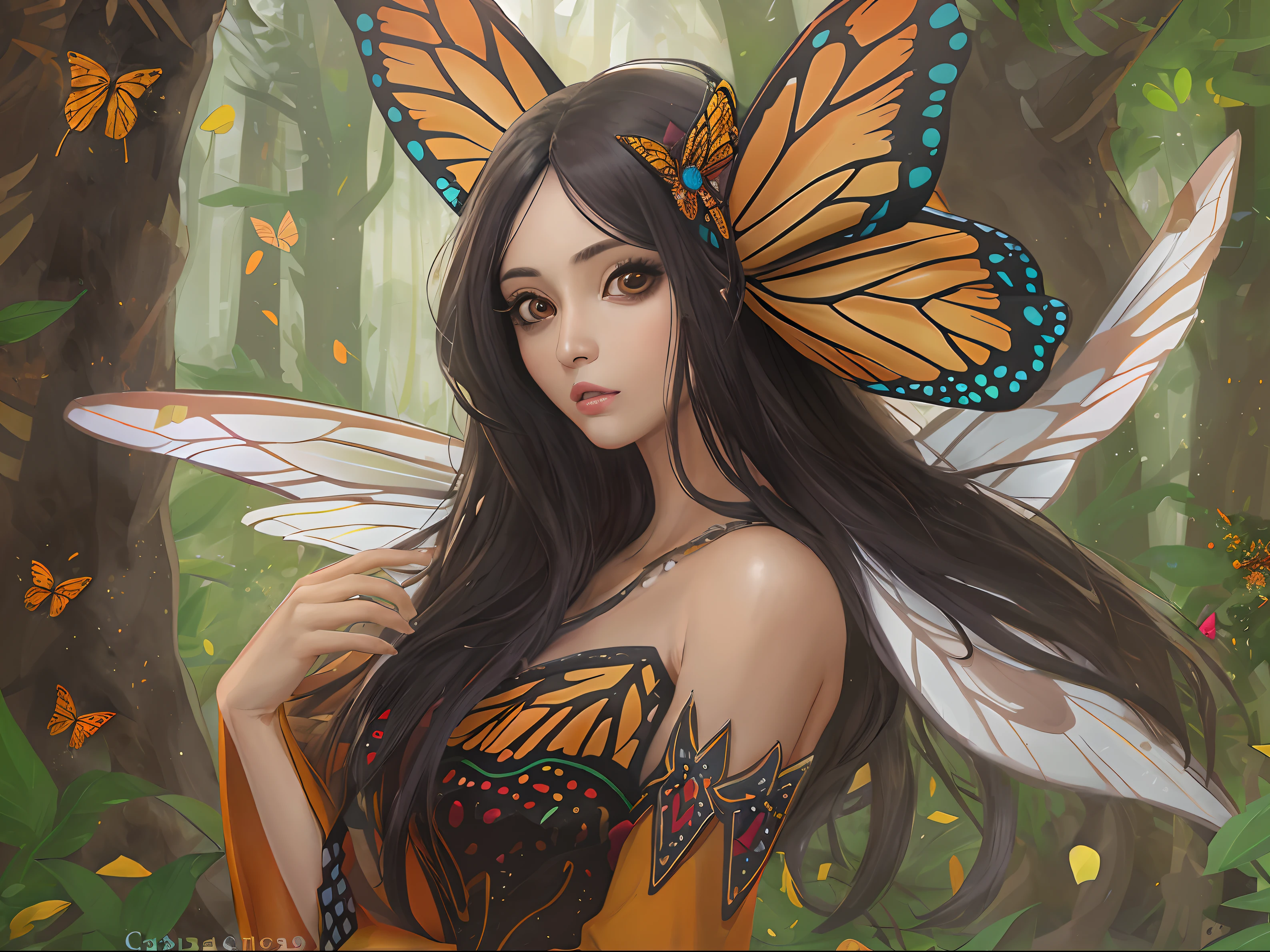 Woman, cabelos longos, cabelos pretos, olhos castanhos, Roupa laranja, Roupas com detalhes brancos, Mulher fada, Asa de fadas, Asa de borboleta monarca, fundo encantado da floresta, Magic