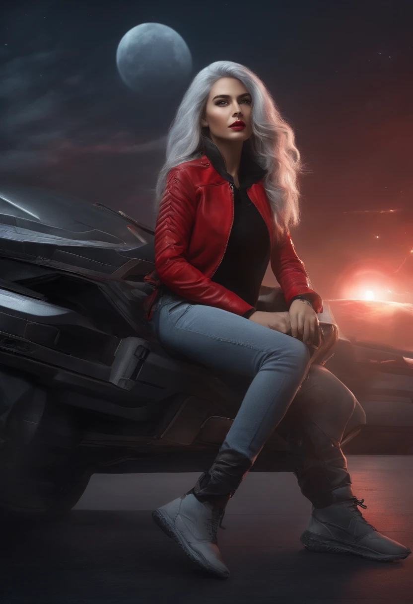 (sci-fi fantasy), (Masterpiece), (Professional oil painting) (Best quality), (8K resolution), (1 beautiful girl), ((Light gray skin)), (Iron gray skin), ((Jeans clothes)),(Red jacket)), ((black color T shirt inside), ((Red lipstick)), ((black sneaker shoes)), (Complutense Art), Small chest, (Long hair), (Messy hair), (White hair), (Iron gray hair), ((With futuristic weapons)), (ammunition), ((nighttime moonlit)), (Sit and think))