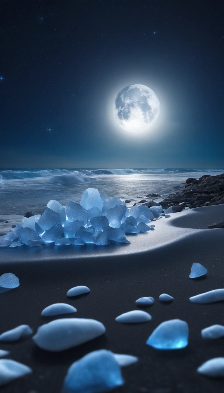 Night, Milky Way, starlight, silver white crescent moon,blue ocean,white snowy beach, frozen Milky Way shines on many tiny and blue rose crystals,artictundra,fantasy, highly detailedbeautiful,8k octane render photorealistic,intricate detailsUltra-wide viewing angle,Panoramic shots 8k HD --ar 9:16
