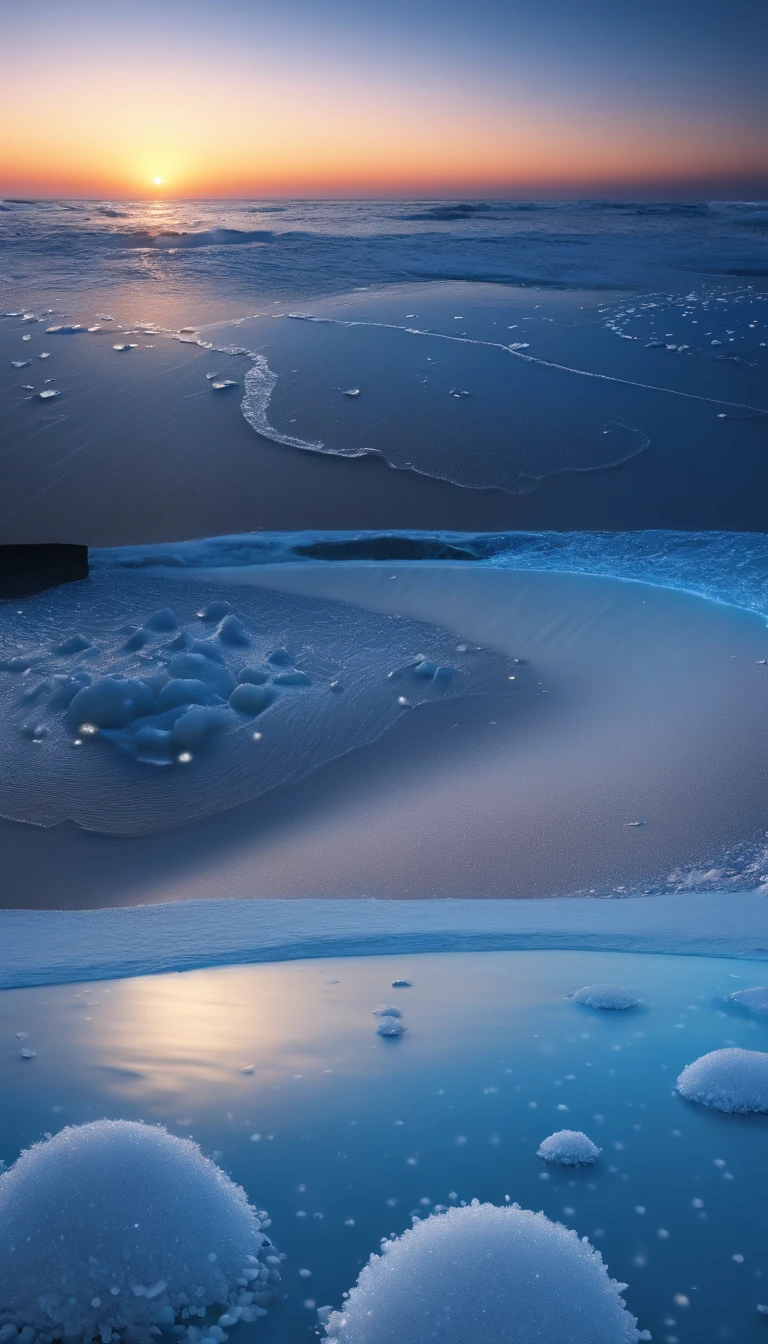 Night, Milky Way, starlight, silver white crescent moon,blue ocean,white snowy beach, frozen Milky Way shines on many tiny and blue rose crystals,artictundra,fantasy, highly detailedbeautiful,8k octane render photorealistic,intricate detailsUltra-wide viewing angle,Panoramic shots 8k HD --ar 9:16