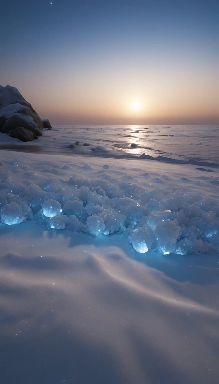 Night, Milky Way, starlight, silver white crescent moon,blue ocean,white snowy beach, frozen Milky Way shines on many tiny and blue rose crystals,artictundra,fantasy, highly detailedbeautiful,8k octane render photorealistic,intricate detailsUltra-wide viewing angle,Panoramic shots 8k HD --ar 9:16