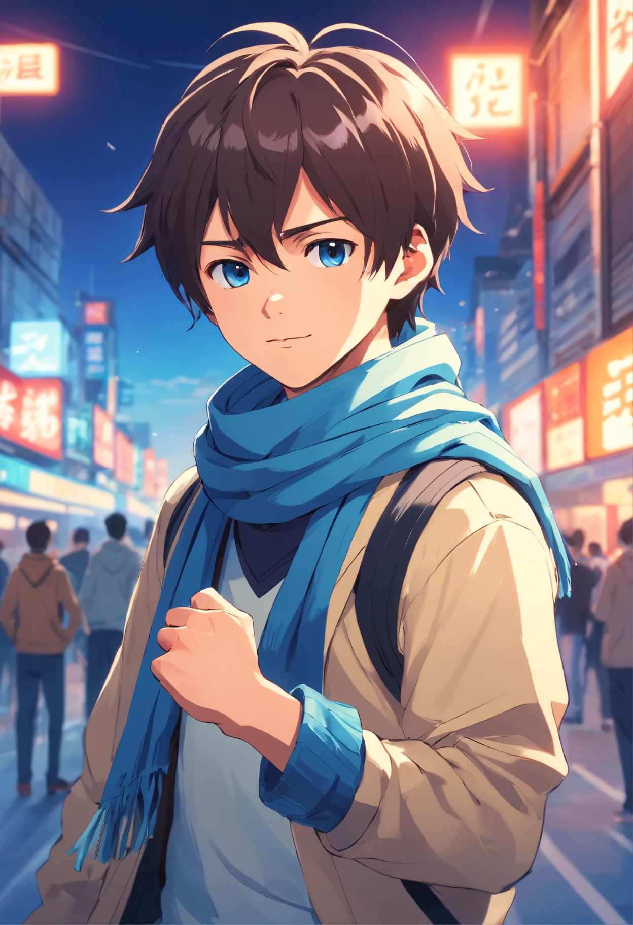 A boy, transformed into an anime style, with exaggerated unique facial features and clothing, long blue scarf, in a boxing stance, high-contrast colors, 4K high-definition quality，young, smiling, handsome