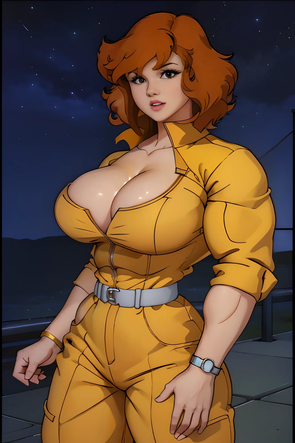 Cowboy shot, April O'Neil, 1980s \(style of\), 1girl, Very muscular girl, brown hair, orange hair, retro artstyle, Short hair, Yellow jumpsuit, , big_tits, huge biceps, wide hips, cleavage, night city background, hyper muscles
