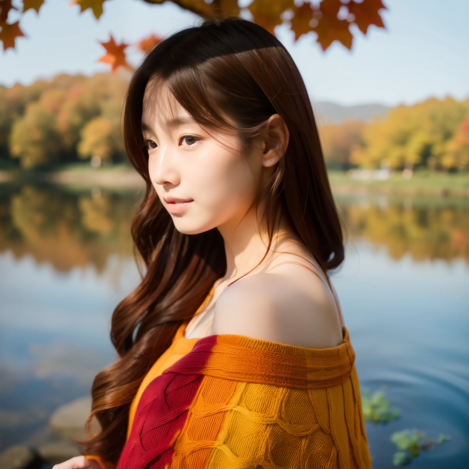 Beautuful Women、18year old 、body shot、Colored leaves、lake