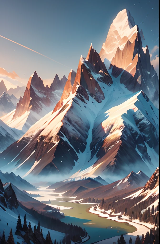 Mountains, Flowers and lakes in the foreground, majestic mountain peaks, epic mountains, 4k highly detailed digital art, Anime landscapes, beautiful mountains, beautiful mountains behind， snow mountains, Anime Nature, 8K high quality detailed art, detailed scenic view, snow mountains, epic beautiful landscape, anime landscape wallpapers, In snowy mountains and snow, scenery art detailed