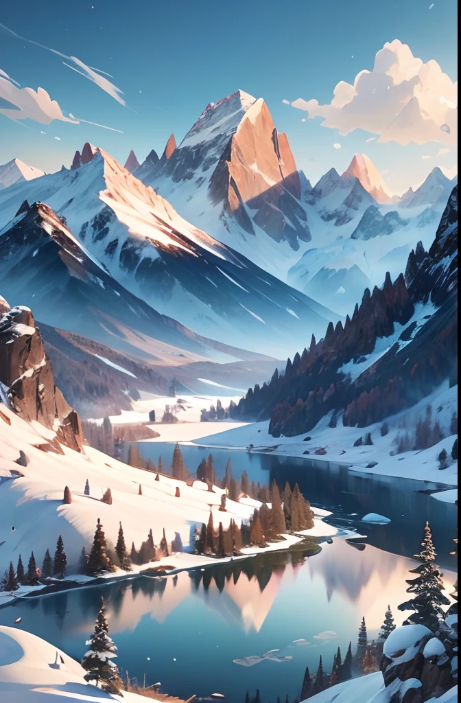 Mountains, Flowers and lakes in the foreground, majestic mountain peaks, epic mountains, 4k highly detailed digital art, Anime landscapes, beautiful mountains, beautiful mountains behind， snow mountains, Anime Nature, 8K high quality detailed art, detailed scenic view, snow mountains, epic beautiful landscape, anime landscape wallpapers, In snowy mountains and snow, scenery art detailed