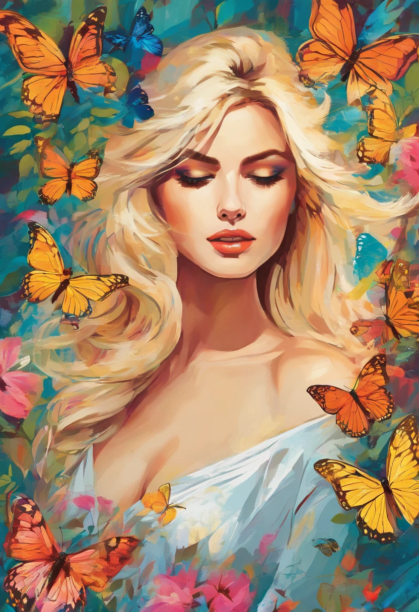 (best quality,highres,realistic),photo,beautiful blonde woman,low angel,soft lighting,ethereal atmosphere,portraits,vivid colors,flowing golden hair,seductive gaze,feminine charm,gentle expression,possession of inner strength,subtle makeup and flawless skin,detailed facial features,stunning eyes,delicate nose,full lips,long lashes,elegant posture,graceful movement,light summer dress,subtle breeze,captivating background scenery,serene garden,delicate flowers,butterflies dancing,hint of sunlight filtering through the leaves,serenity and tranquility.