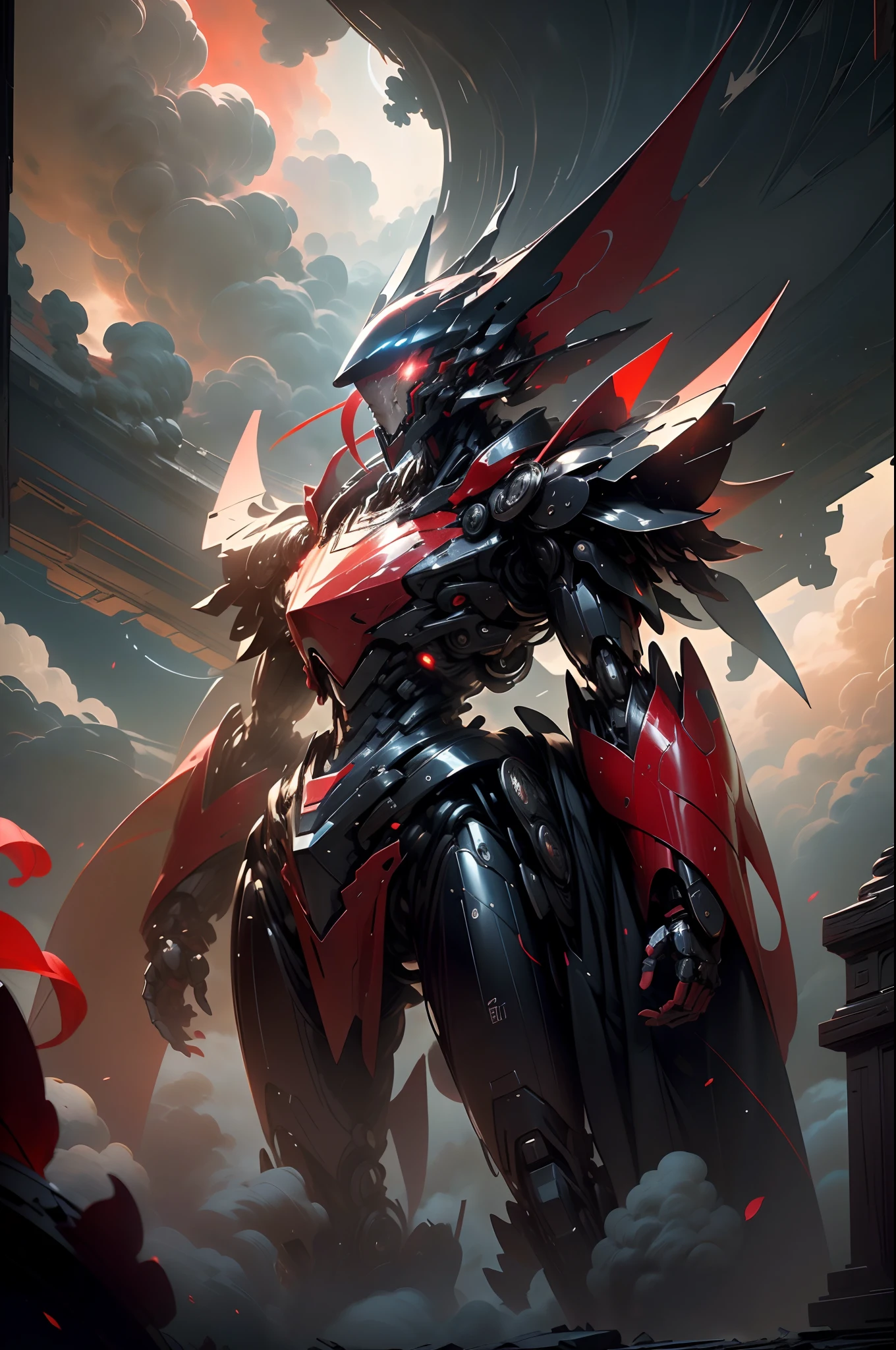 (Best quality,Masterpiece:1.2,Ultra-high resolution:RAW photography:1.4, ultra-wide-angle, looking up the lens,), sky, Clouds, Holding_arma, No_Humanity, (Red is the main color:1.4), Luminescence, Glowing_Eyes, droid, Mecha, Exquisite fairytale costumes, Ancient Chinese costumes,