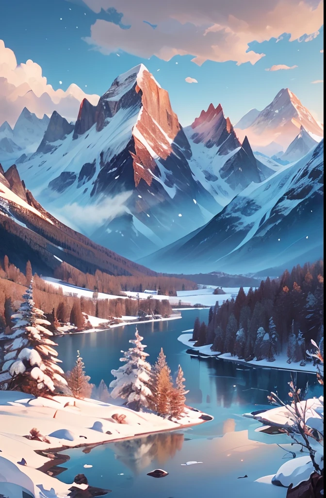 Mountains, Flowers and lakes in the foreground, majestic mountain peaks, epic mountains, 4k highly detailed digital art, Anime landscapes, beautiful mountains, beautiful mountains behind， snow mountains, Anime Nature, 8K high quality detailed art, detailed scenic view, snow mountains, epic beautiful landscape, anime landscape wallpapers, In snowy mountains and snow, scenery art detailed