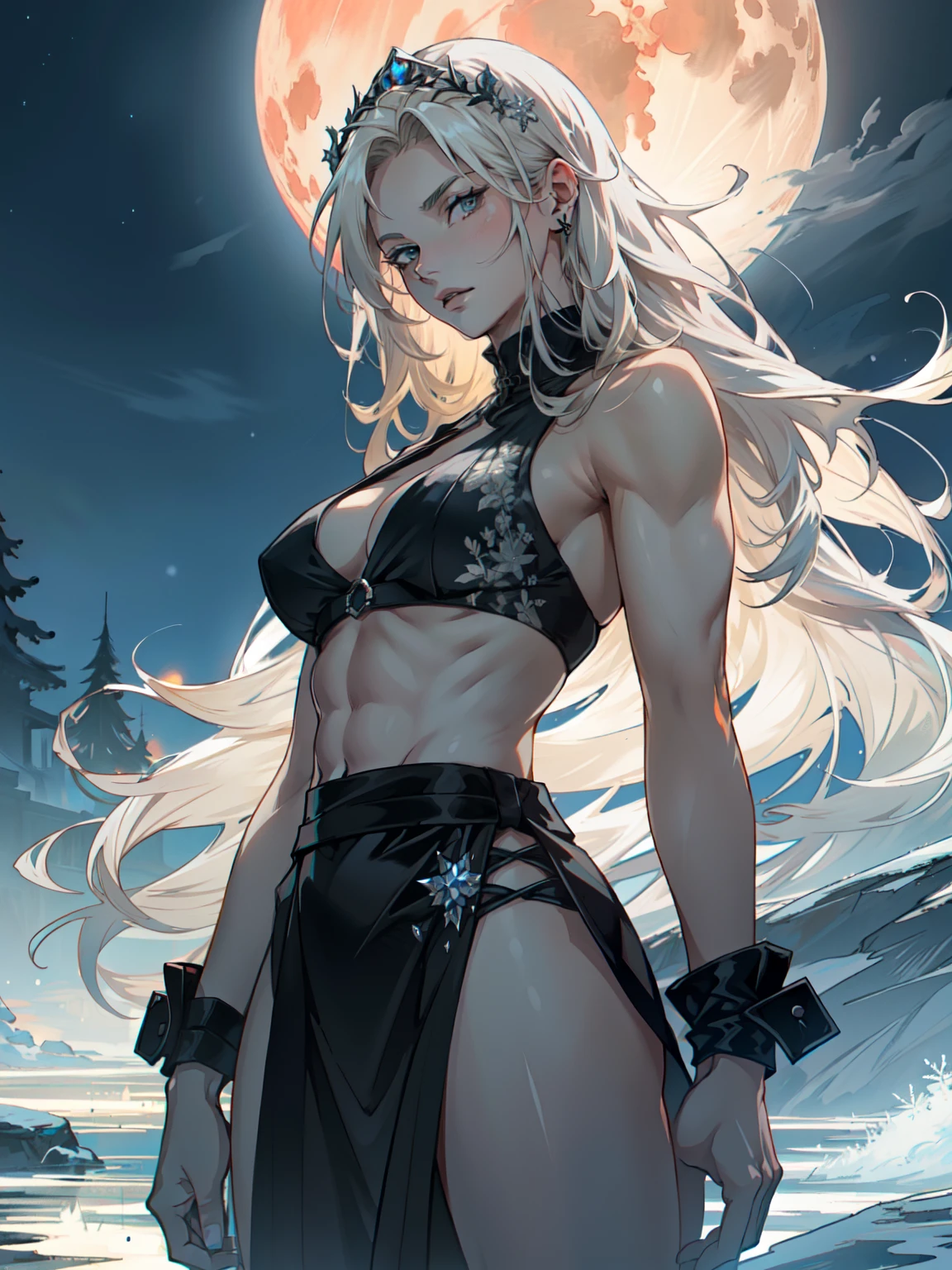 ((Best quality)), ((masterpiece)), ((realistic)), ((beautiful female martial artist)), (milf:1.3), (arrogant woman:1.4) emerges in the pale moonlight of a tranquil red moon night. Her eyes, a piercing shade of amethyst, seem to glow ethereally. Her hair, a cascade of platinum blonde waves, falls gently over her shoulders. The snowflakes delicately kiss her flawless skin as she showcases her perfect muscular long legs and muscular thighs, seemingly defying the cold. The serene ambiance and intricate details of the frozen landscape create a captivating masterpiece on eye level, scenic, masterpiece, (bare  torso:1.1), abs, (female focus:1.5)