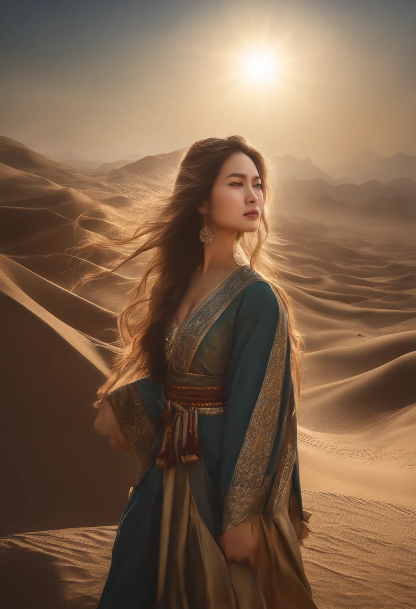 (RAW photo, best quality), (realistic, photo-realistic:1.3),best quality,highly detailed,masterpiece,ultra-detailed,illustration,1girl,upper_body,dynamic angle,world masterpiece theater,messy_long_hair,best quality,extremely detailed CG unity 8k wallpaper,ink,Amazing,cinematic lighting,lens_flare, dunhuang_style