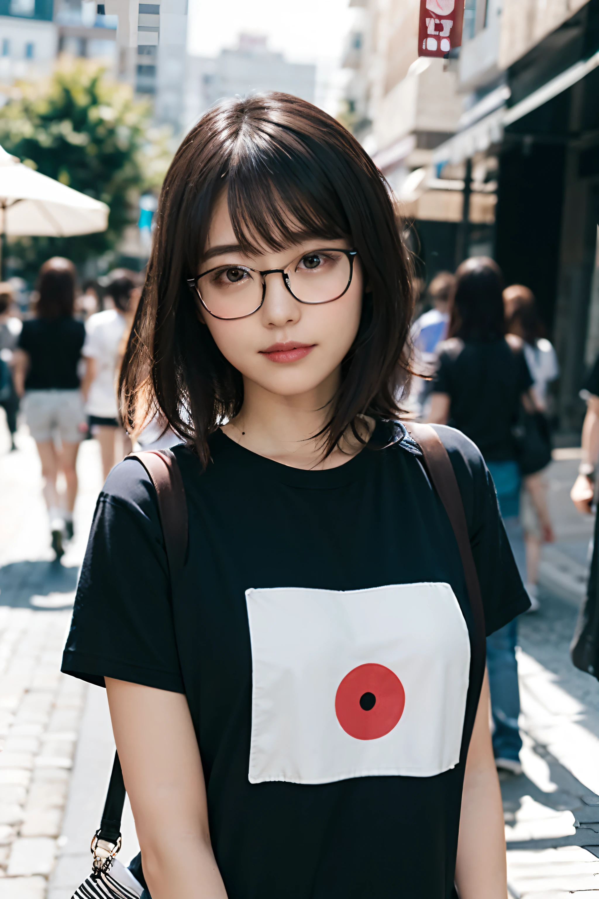 (8K、Raw photography、top-quality、masterpiece:1.2)、(realisitic、Photorealsitic:1.37)、ultra-detailliert、超A high resolution、女の子 1 人、29yo、see the beholder、beautifull detailed face、Smile、Constriction、(Slim waist) :1.3)、Beautiful detailed skin、Skin Texture、well-shaped breasts、Floating hair、Hair bunched into one、(tshirts:1.4)、Professional Lighting、Autumn afternoon、In the street、(((Black square glasses )))、Whole human body、Black hair、((Shameful appearance))、