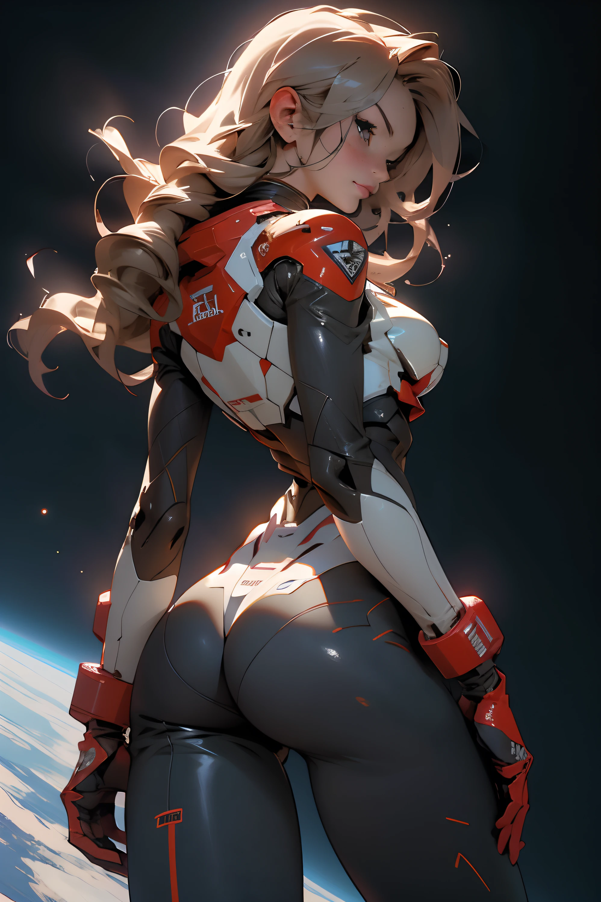 rear view, backside view, sandy hair, fit body, large breasts, slender thighs, slender waist, pilot suit, solo, looking away from the viewer, in space long hair, blushing, slight smile, 8k, extreme detail, sharp detail on face, beautiful face,