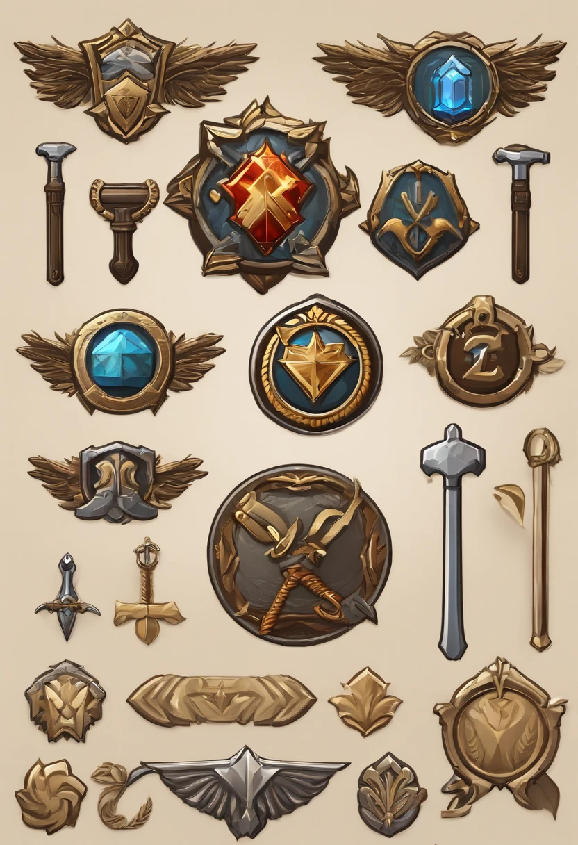 （Game achievement badge design），silver medal，Flat 2D Effects，Wheat border ears，(In the center of the medallion is、、There is an icon at the intersection of the hammer and wrench)、sword and magic