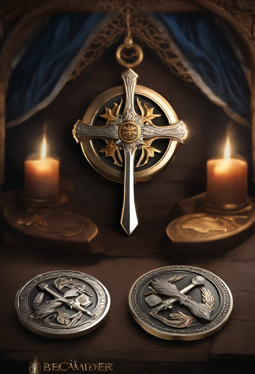 (Game achievement badge design),silver medal,Flat 2D Effects,Wheat border ears,(In the center of the medallion is、、There is an icon at the intersection of the hammer and wrench)、sword and magic