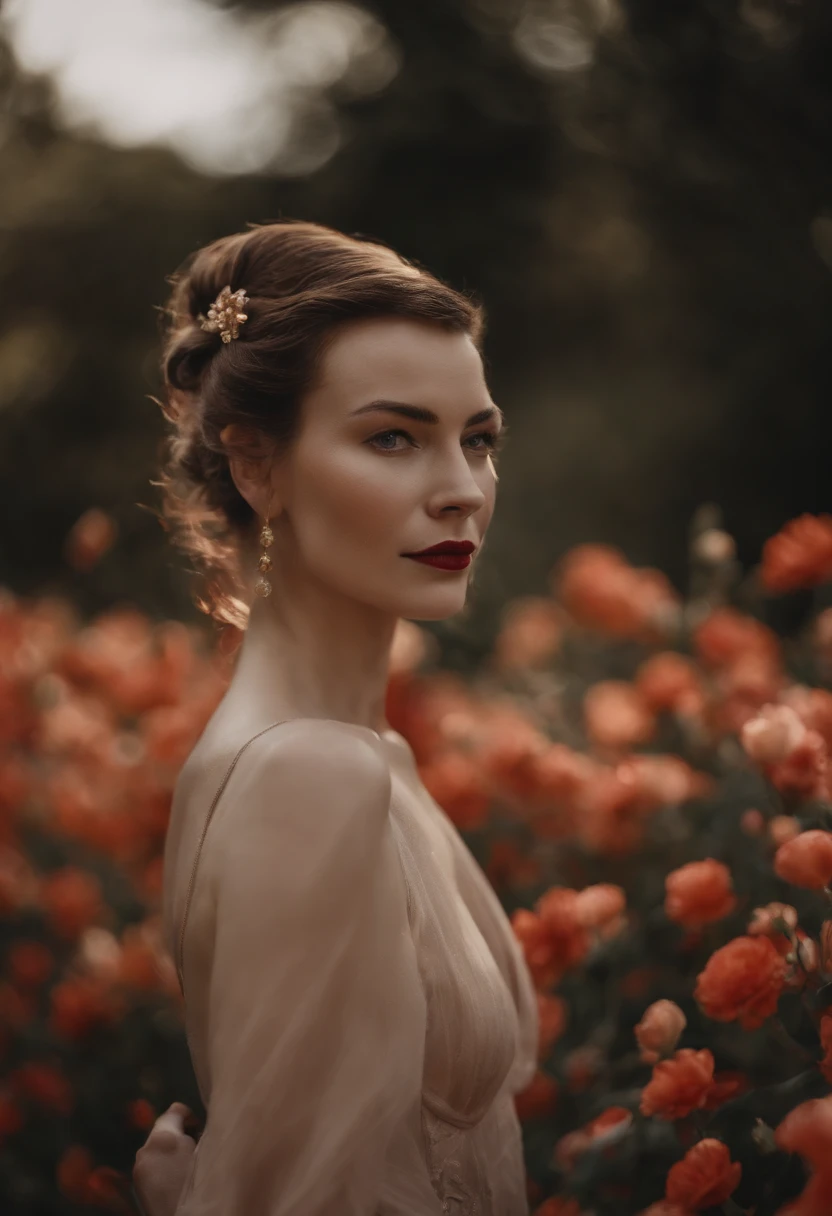 Red carpet, model wearing a red flpwy dress made my luis Vuitton, she has slick back hair, beautiful feautres, striking body, prominent freckles, wavy hair, loves flowers, has a pretty smile, has everyones eyes on her, knows shes beatiful, has a euphoric aura