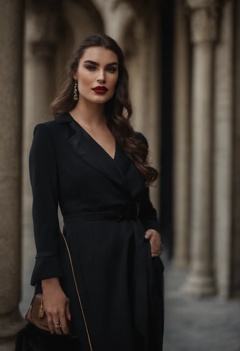 Red carpet, model wearing a red flpwy dress made my luis Vuitton, she has slick back hair, beautiful feautres, striking body, prominent freckles, wavy hair, loves flowers, has a pretty smile, has everyones eyes on her, knows shes beatiful, has a euphoric aura