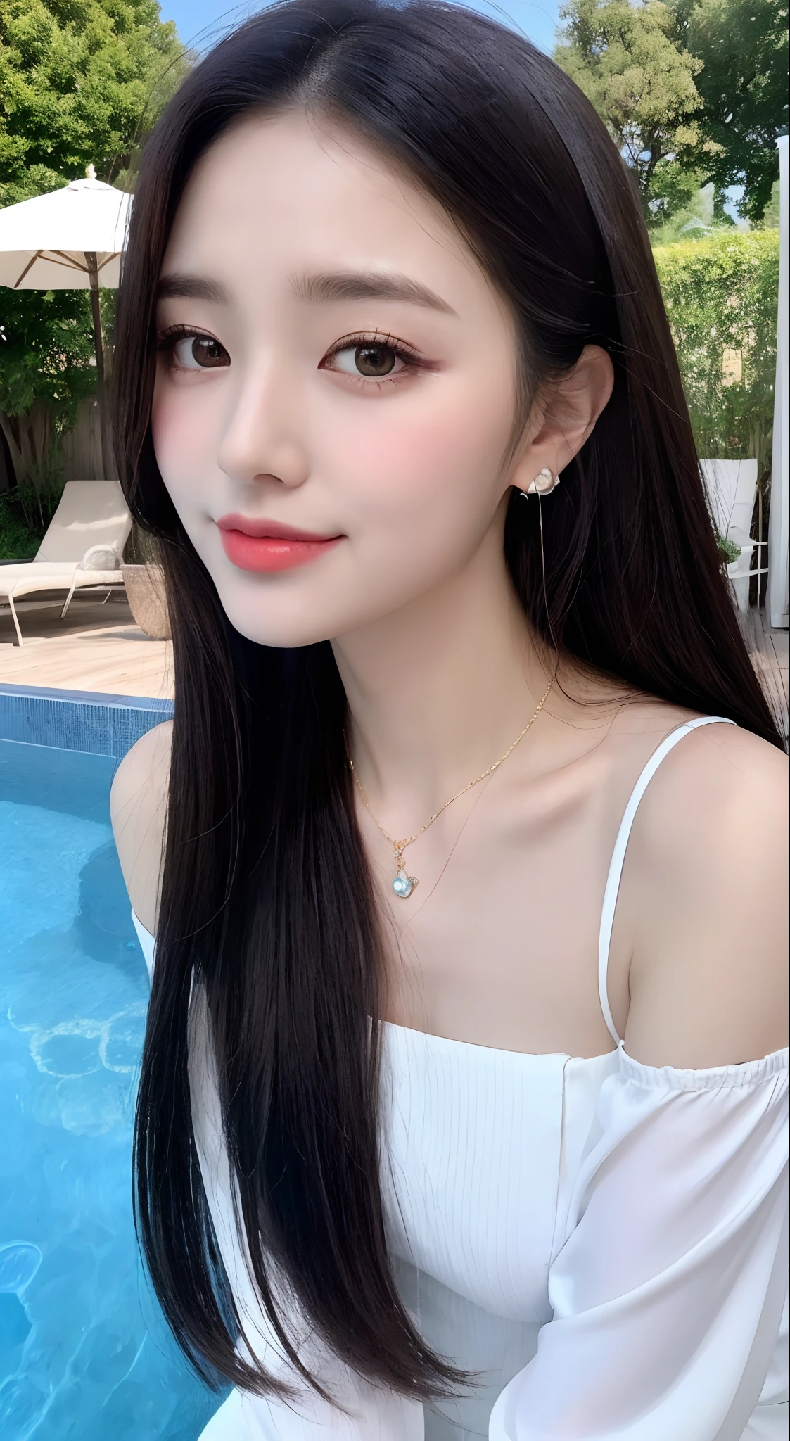 (best qualtiy, 8K, tmasterpiece:1.3)), A pretty maiden,Pure,Melon seed face,gentle and cute,A sweet smile,Pure desire,Thin stature,(frontage),(Tilt your head),staring right into camera,uniform, Obi, formal,Black silky long, Straight hair,Long hair flowing over the shoulders,round black big eyes,Clear big eyes,Hydrated red lips,Sweet,Beautiful necklace,Delicate stud earrings,Sit by the pool,with blue sky and white clouds,Blue skies,